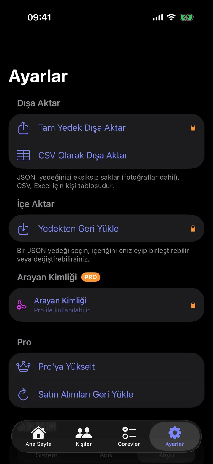 Relato Ayarlar ekranı: Arayan Kimliği Pro bölümü, JSON tam yedek ve CSV dışa aktarma seçenekleri