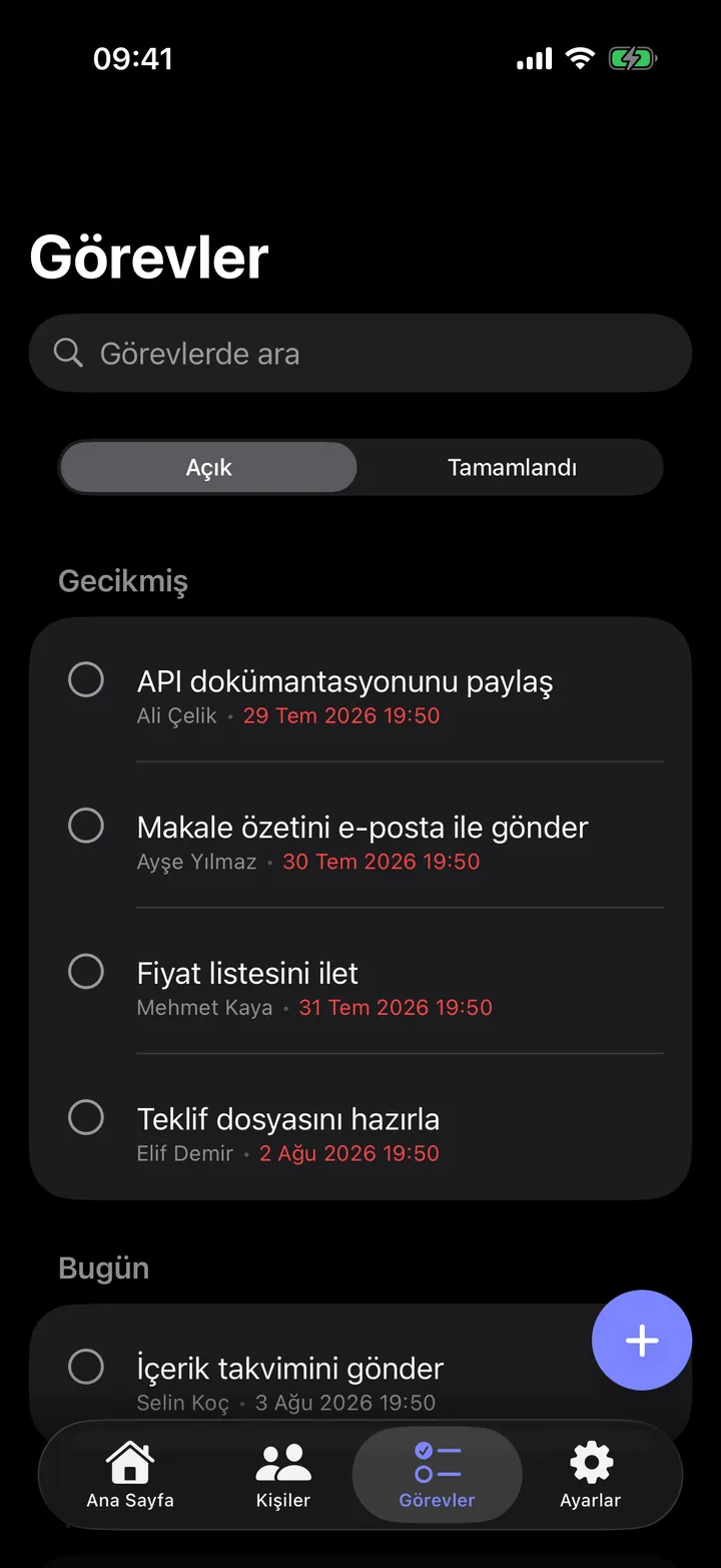 Relato Görevler ekranı: gecikmiş ve bugüne ait takip hatırlatıcıları kişileriyle birlikte